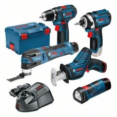 Bosch Blauw 5 Tool Kit - GSR12V-15 + GOP12V-LI + GLI Powerled + GDR12V-105 + GSA12V-14 12V 3 x 2,0Ah in L-Boxx 0615990K11