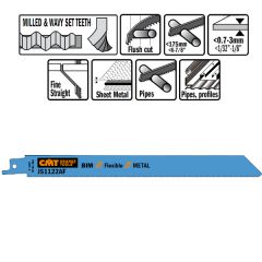 CMT JS1122AF Stichsägeblätter 5 Stück Bi-Metall 225mm x 0,9 x 24TPI Anwendung: dünne Bleche (0,7-3mm); dünne Rohre und Profile.