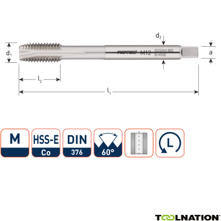 Rotec 330.1600L HSS-E 800 Maschinengewindebohrer DL DIN 376B M16x2,0 Links - 1