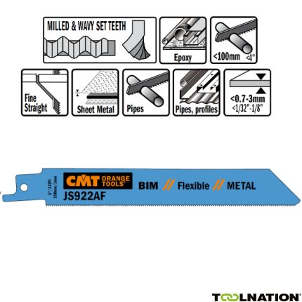 CMT JS922AF Stichsägeblätter 5 Stück Bi-Metall 150mm x 0.9 x 24TPI Anwendung: dünne Bleche (0.7-3mm); dünne Rohre und Profile. - 1